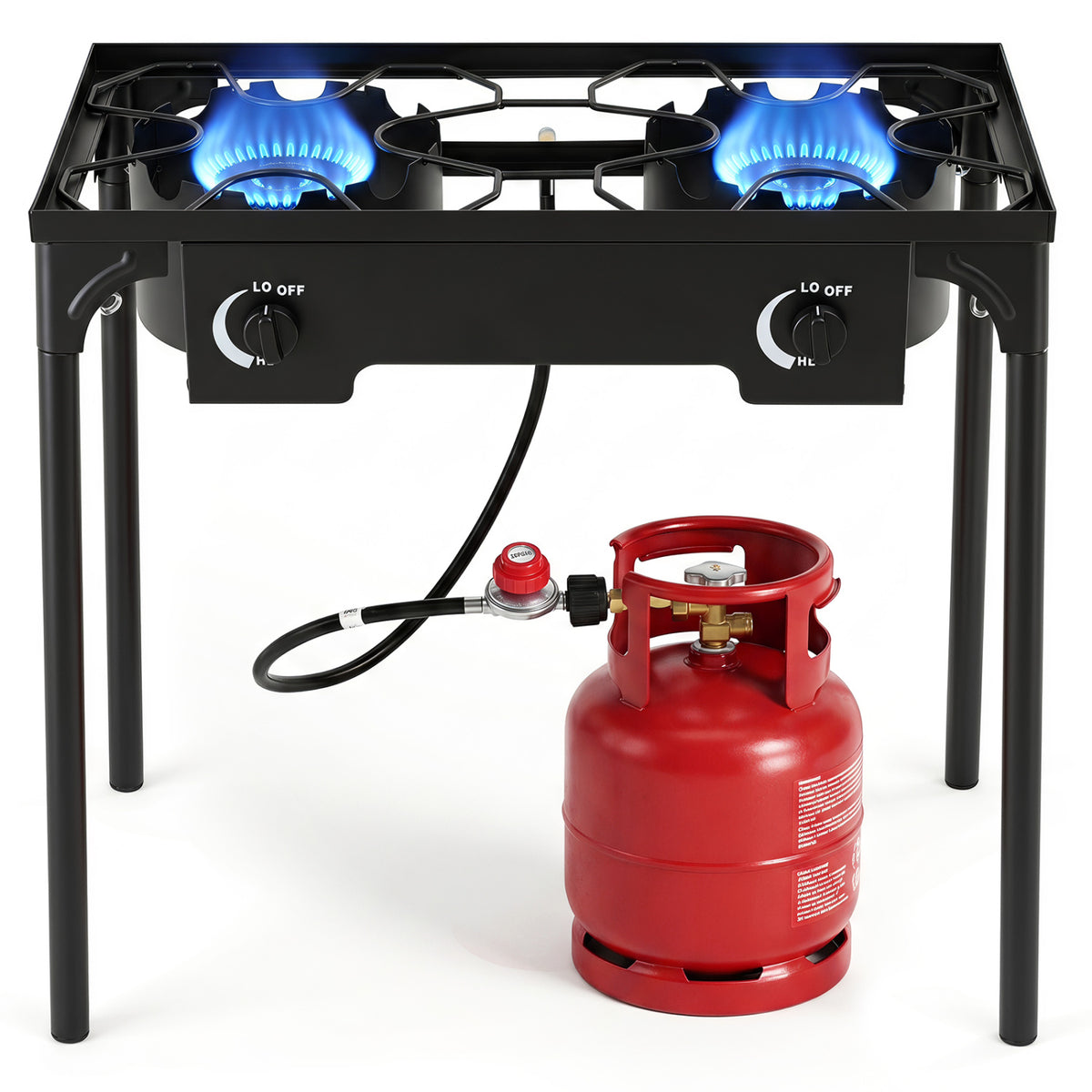 Black 2 burner propane camping stove with adjustable regulator and hose, outdoor grill suitable for camping and outdoor cooking.