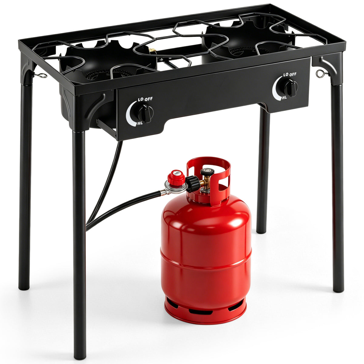 Black 2-burner propane stove with adjustable regulator and hose, ideal for camping and outdoor grilling.