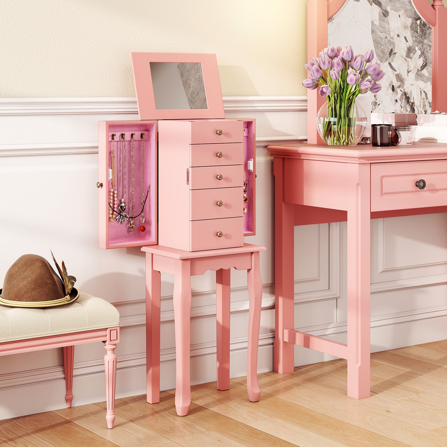 2 Colors Armoire Storage Standing Jewelry Cabinet with Mirror-Pink