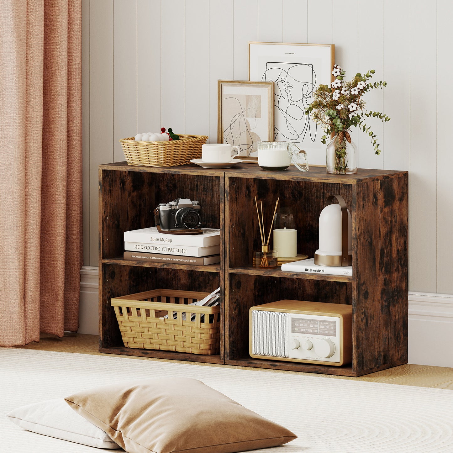 2-Cube Bookcase Set of 2 Floor Standing Open Bookshelf w/ 5-Position Adjustable Shelf-Black