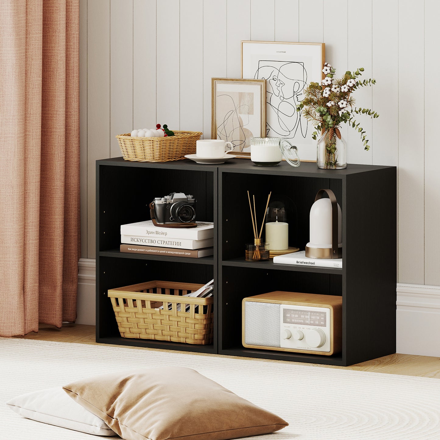 2-Cube Bookcase Set of 2 Floor Standing Open Bookshelf w/ 5-Position Adjustable Shelf-Black