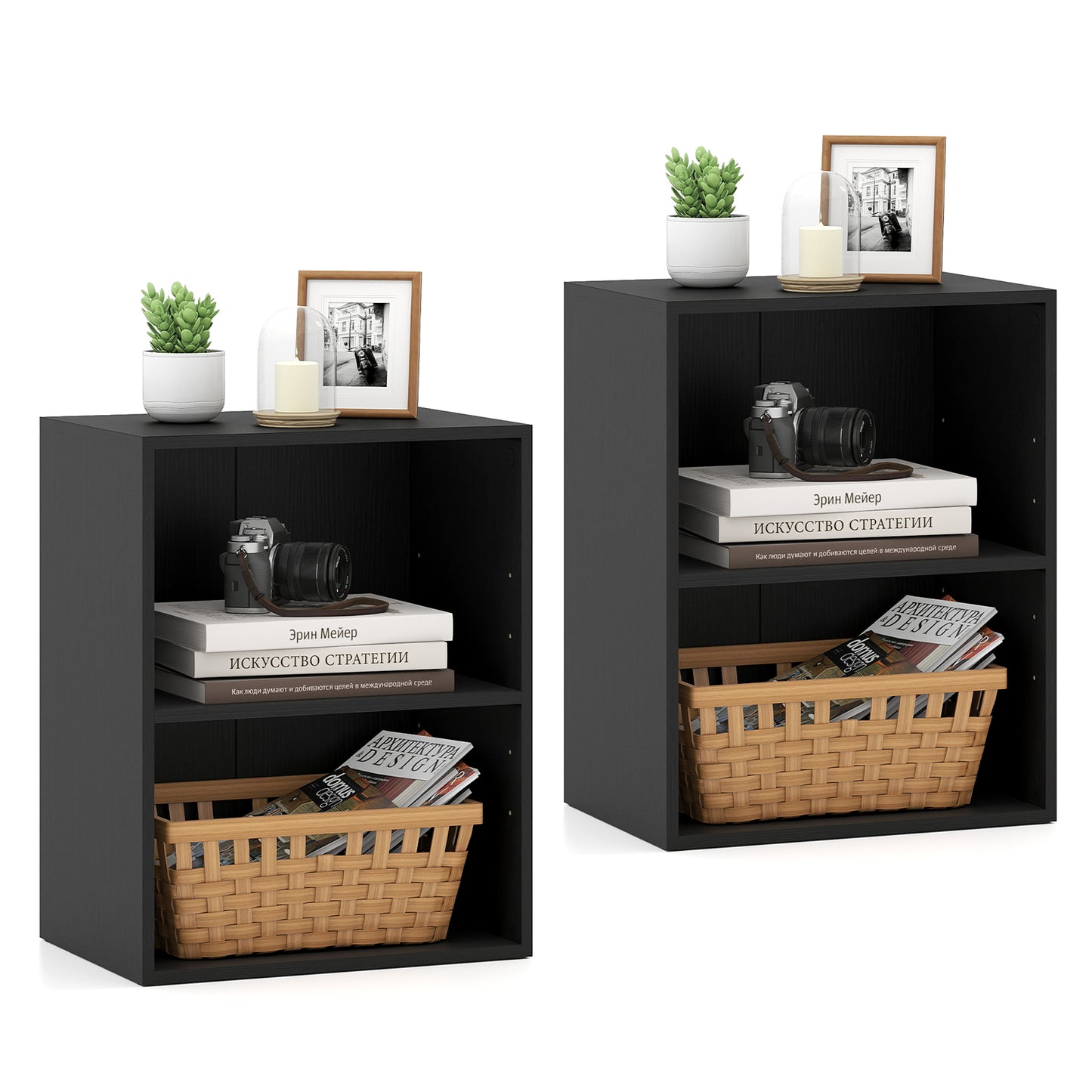 2-Cube Bookcase Set of 2 Floor Standing Open Bookshelf w/ 5-Position Adjustable Shelf-Black