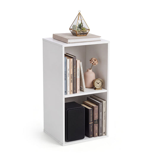 White 2-cube vertical or horizontal freestanding bookshelf with 2 compartments and anti-tipping kits for home office storage