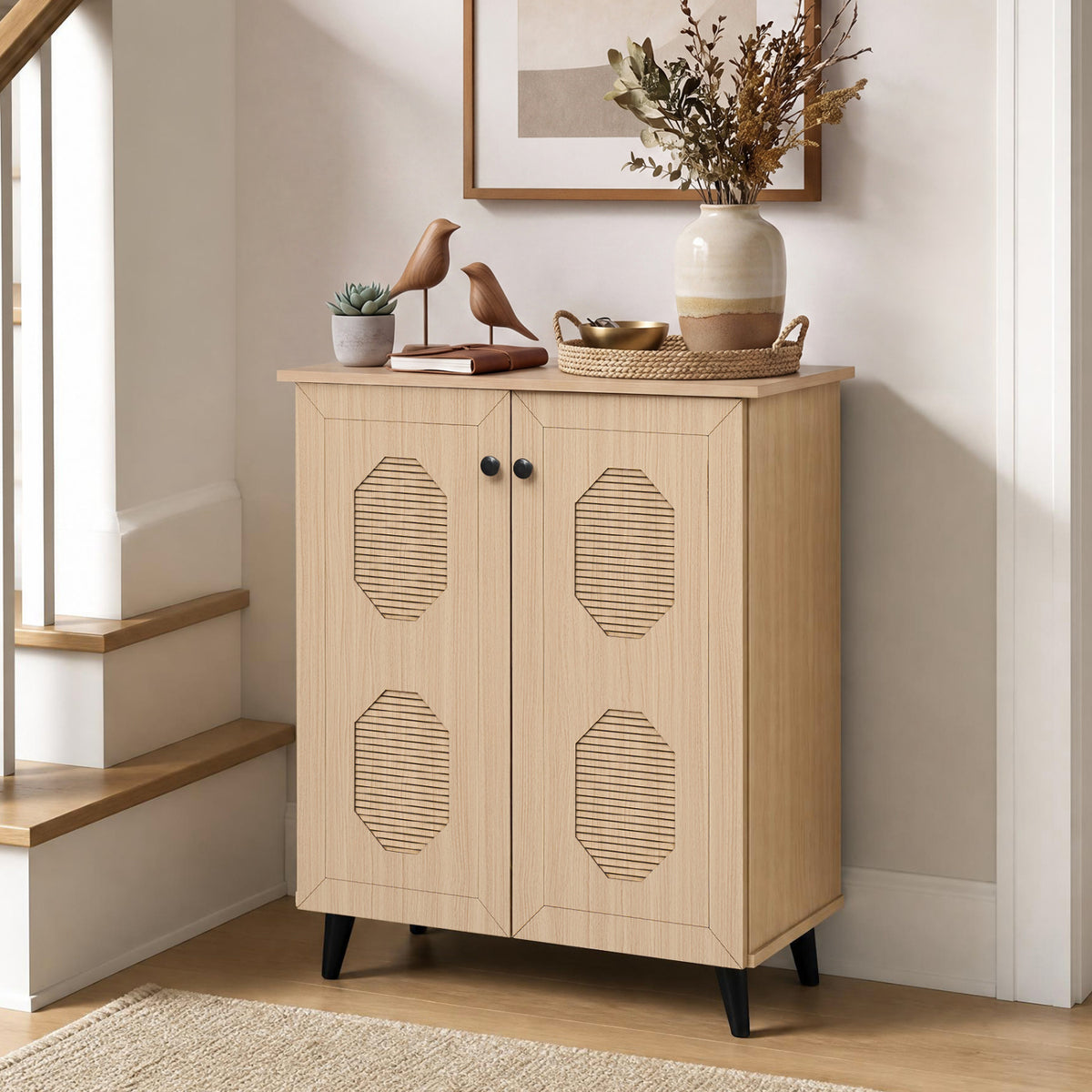 2‑Door Geometric‑Style Storage Cabinet Freestanding Footwear Organizer with Stylish Carved Panels-Natural