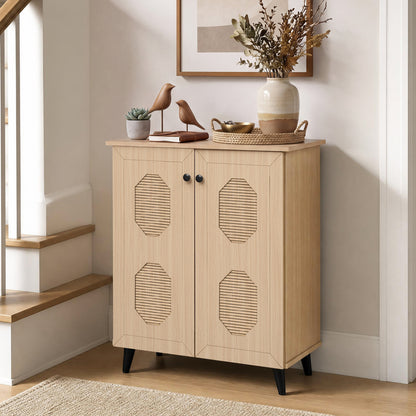 2‑Door Geometric‑Style Storage Cabinet Freestanding Footwear Organizer with Stylish Carved Panels-Natural