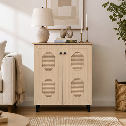 2‑Door Geometric‑Style Storage Cabinet Freestanding Footwear Organizer with Stylish Carved Panels-Natural