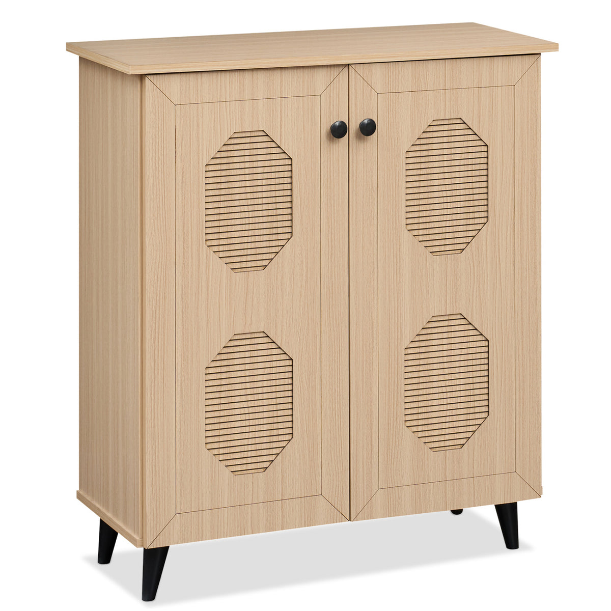 2‑Door Geometric‑Style Storage Cabinet Freestanding Footwear Organizer with Stylish Carved Panels-Natural