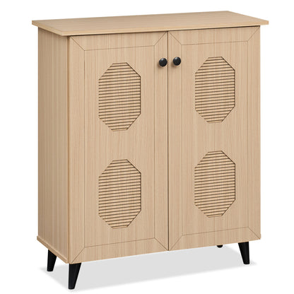 2‑Door Geometric‑Style Storage Cabinet Freestanding Footwear Organizer with Stylish Carved Panels-Natural