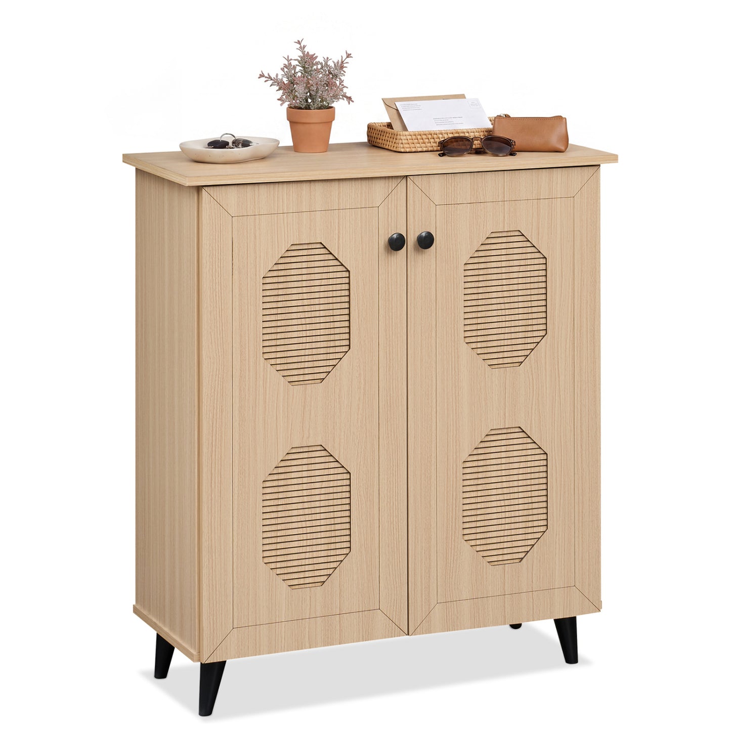2‑Door Geometric‑Style Storage Cabinet Freestanding Footwear Organizer with Stylish Carved Panels-Natural