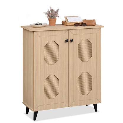 2‑Door Geometric‑Style Storage Cabinet Freestanding Footwear Organizer with Stylish Carved Panels-Natural