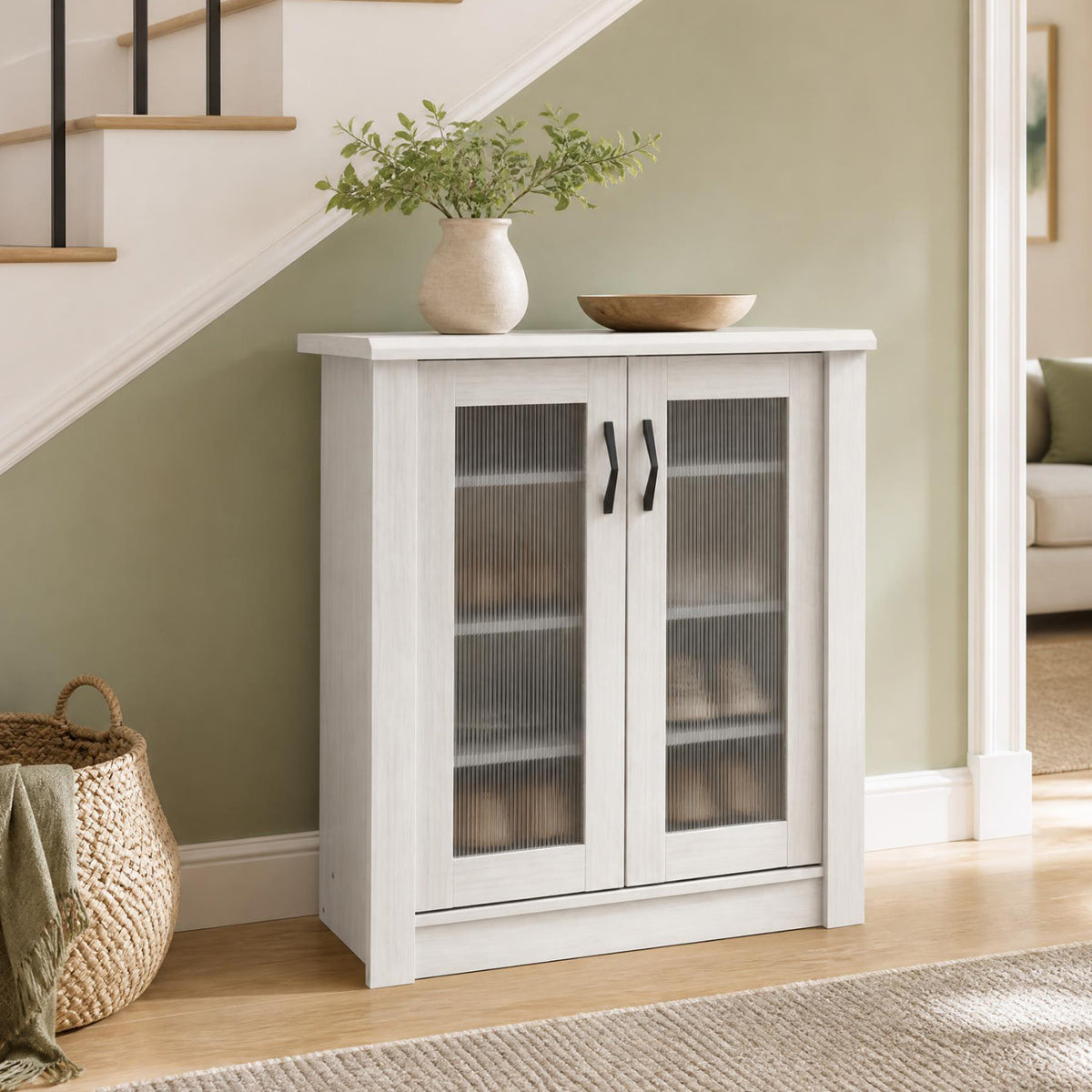 2-Door Shoe Cabinet with Removable Shelves Wooden Shoe Storage Organizer-White