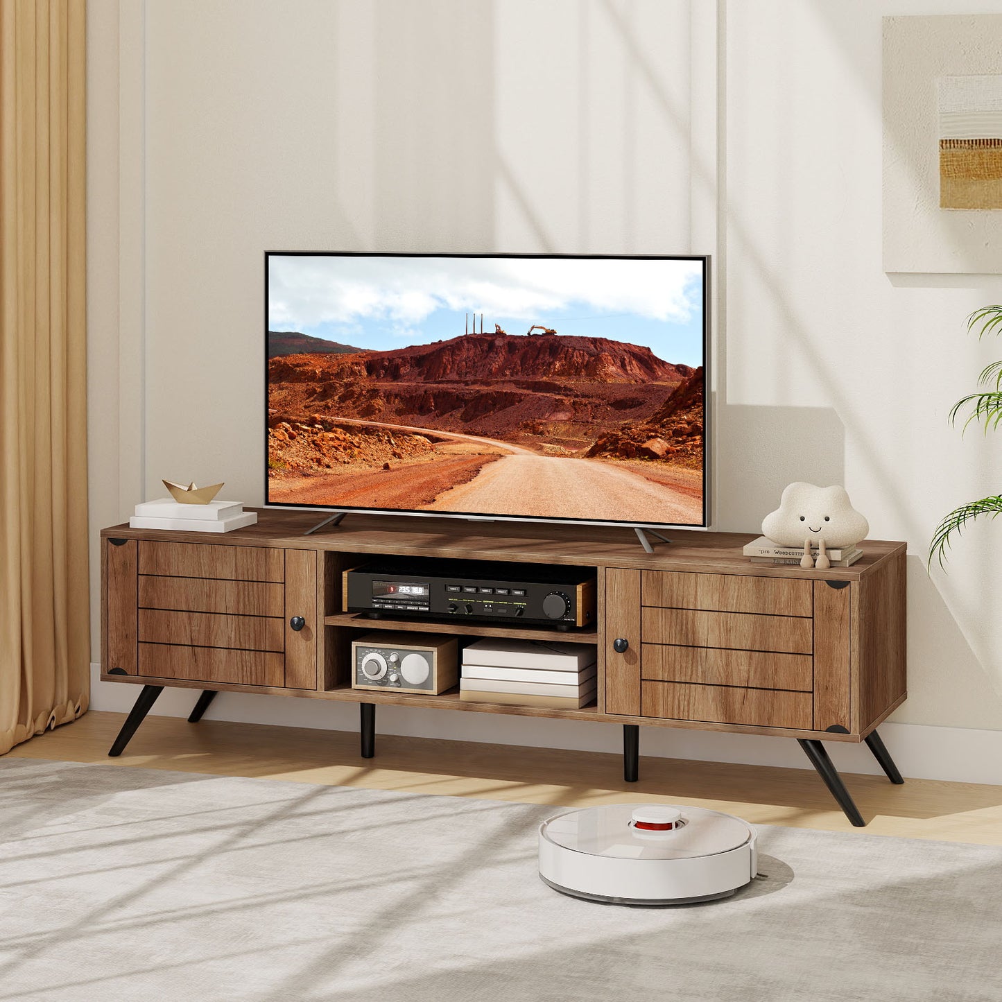 2-Door TV Stand for TVs up to 65 Inch with Open Shelves-Oak