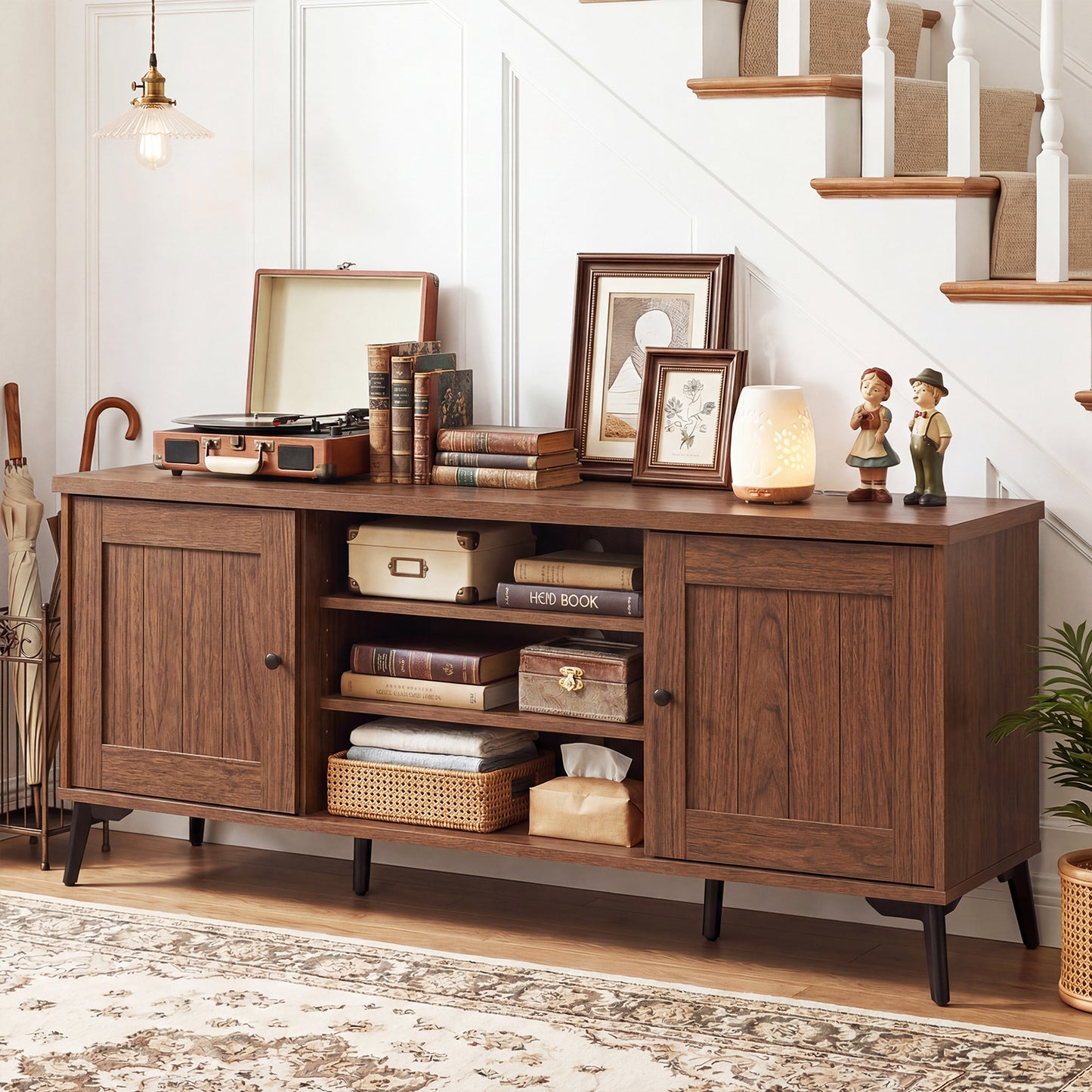 2-Door TV Stand for TVs up to 65 Inch Mid Century Modern Entertainment Center-Brown