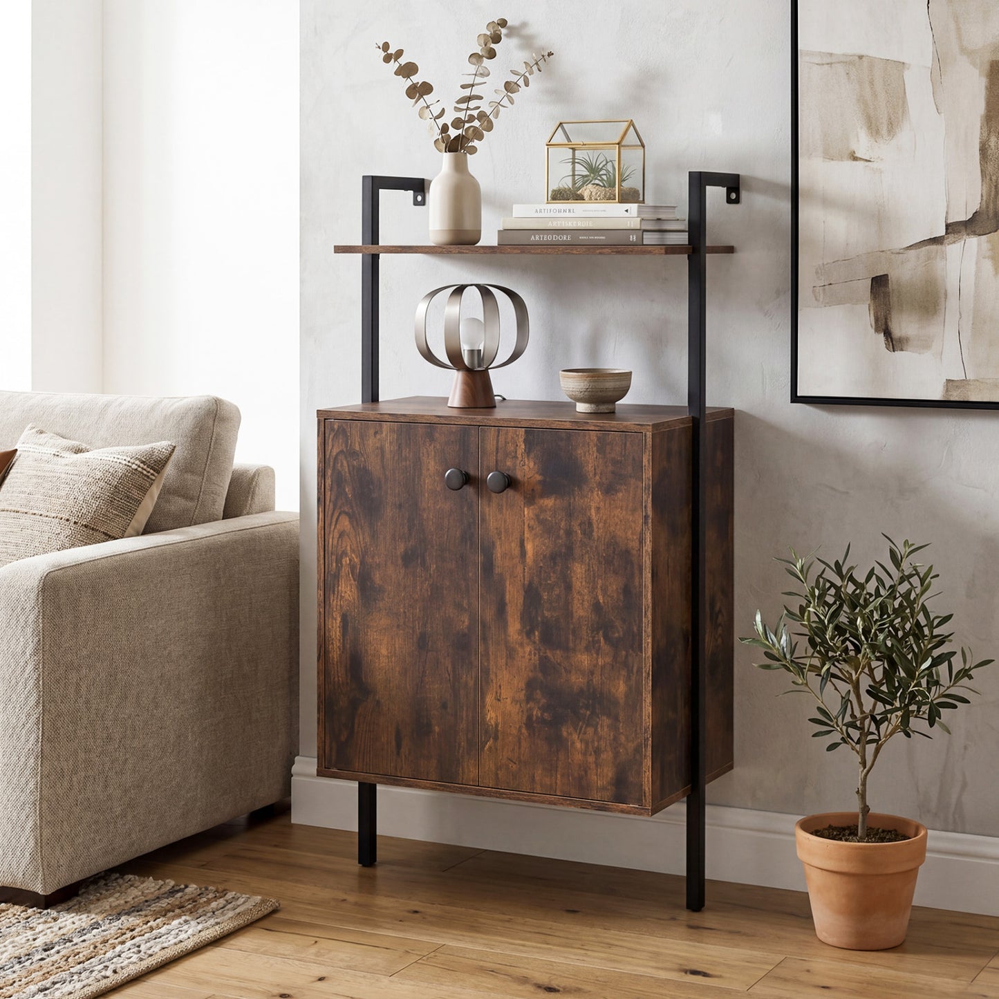 2-Door Wall Mount Bookshelf with Storage Cabinet-Natural