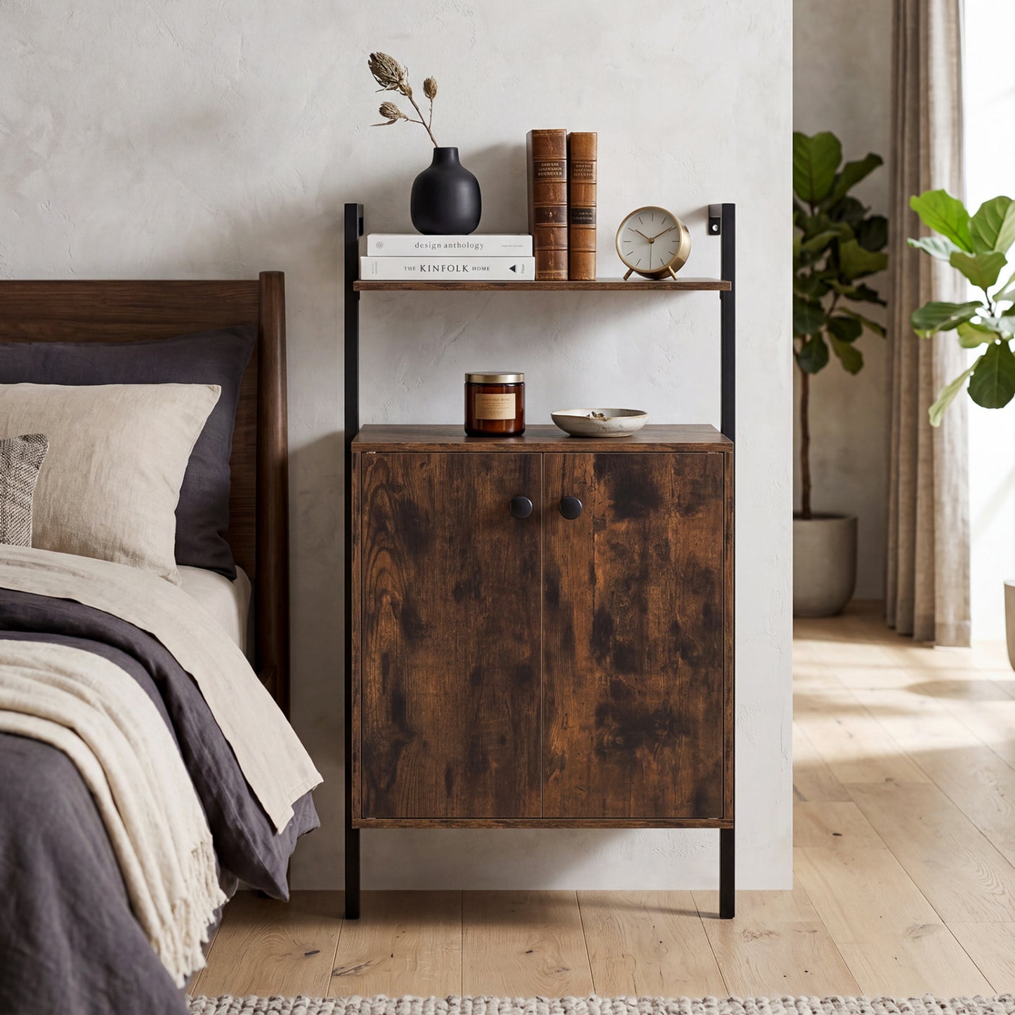 2-Door Wall Mount Bookshelf with Storage Cabinet-Natural