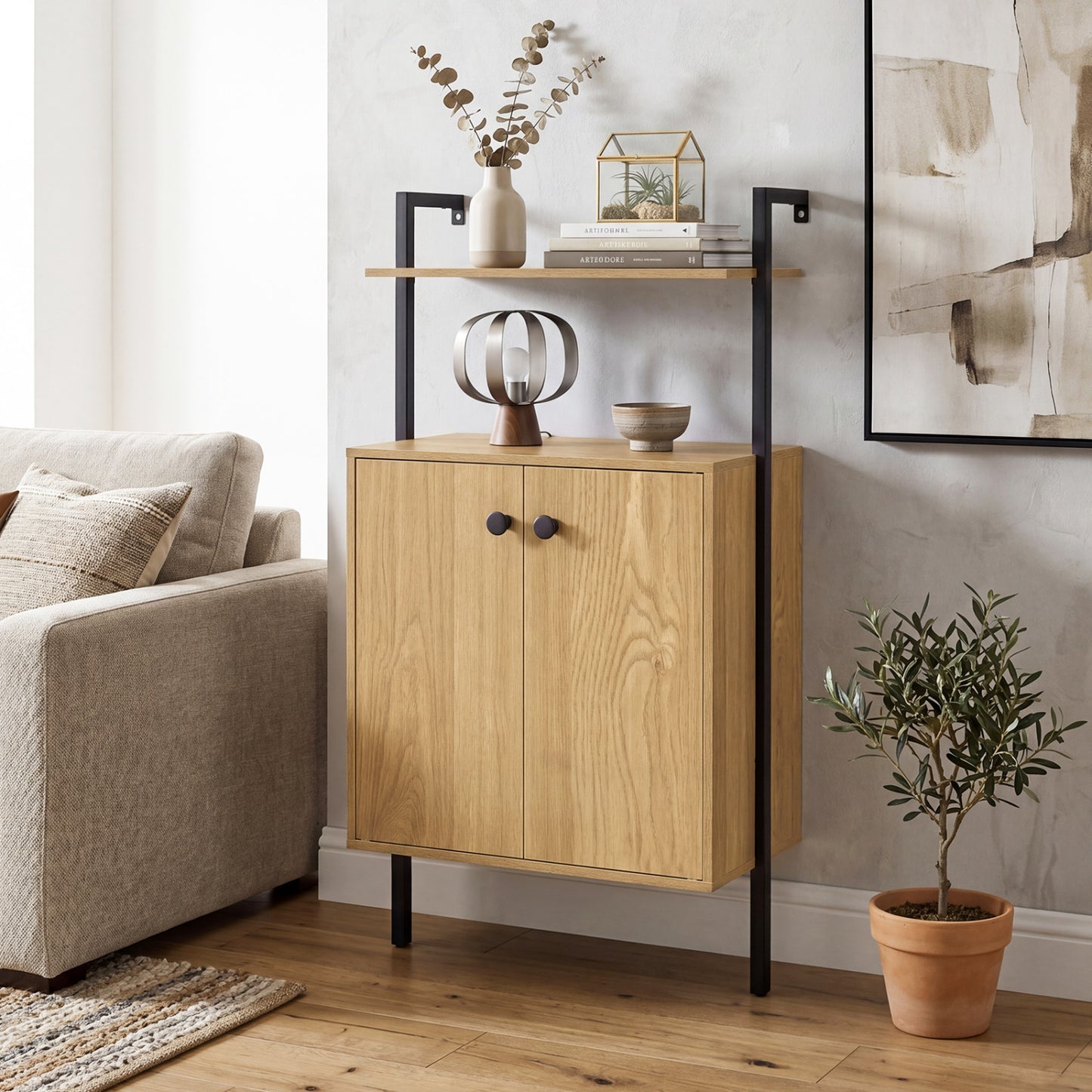 2-Door Wall Mount Bookshelf with Storage Cabinet-Natural