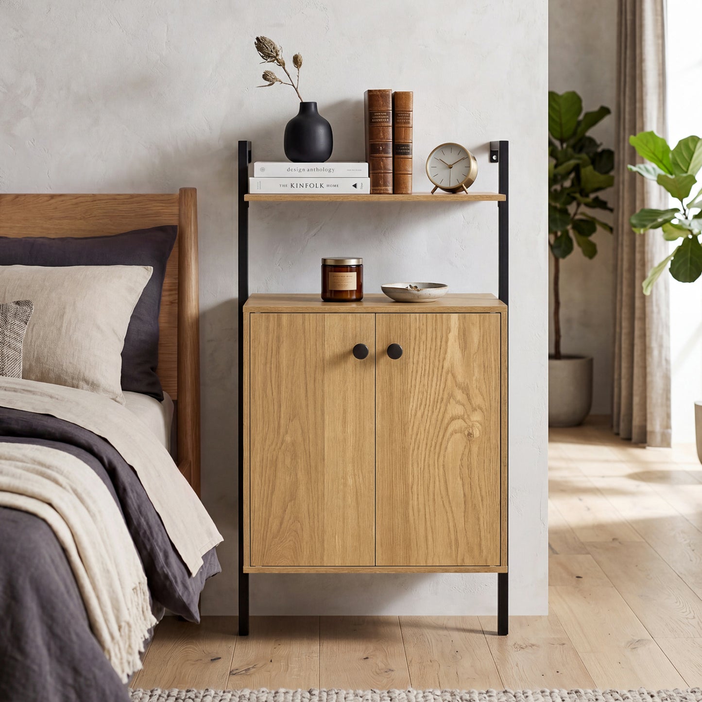 2-Door Wall Mount Bookshelf with Storage Cabinet-Natural
