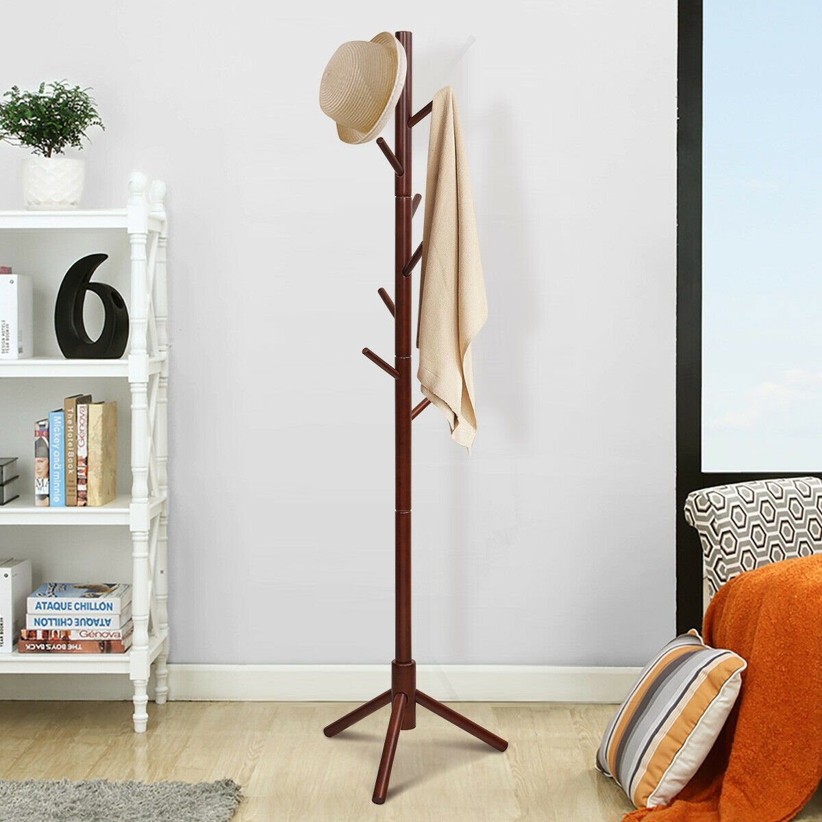2 Heights Wooden Coat Rack with 8 Hooks-Gray