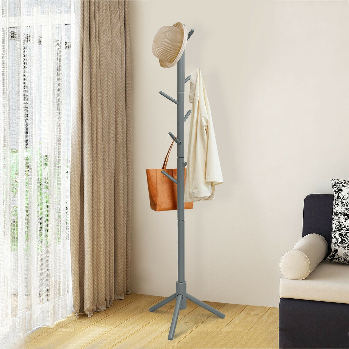 2 Heights Wooden Coat Rack with 8 Hooks-Gray