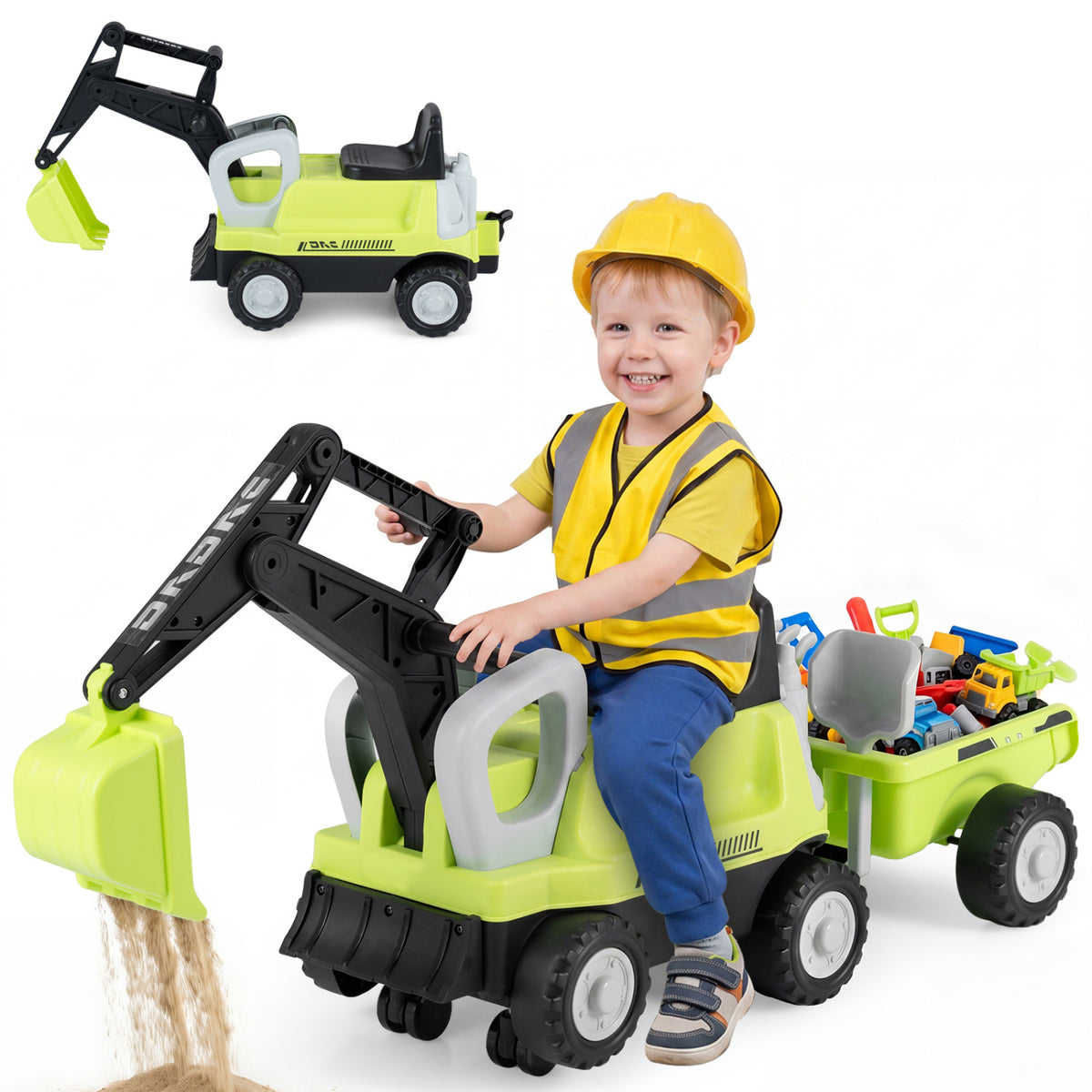 Green 2-in-1 kids ride-on tractor with digging arm and detachable trailer, perfect for outdoor play and imaginative fun.