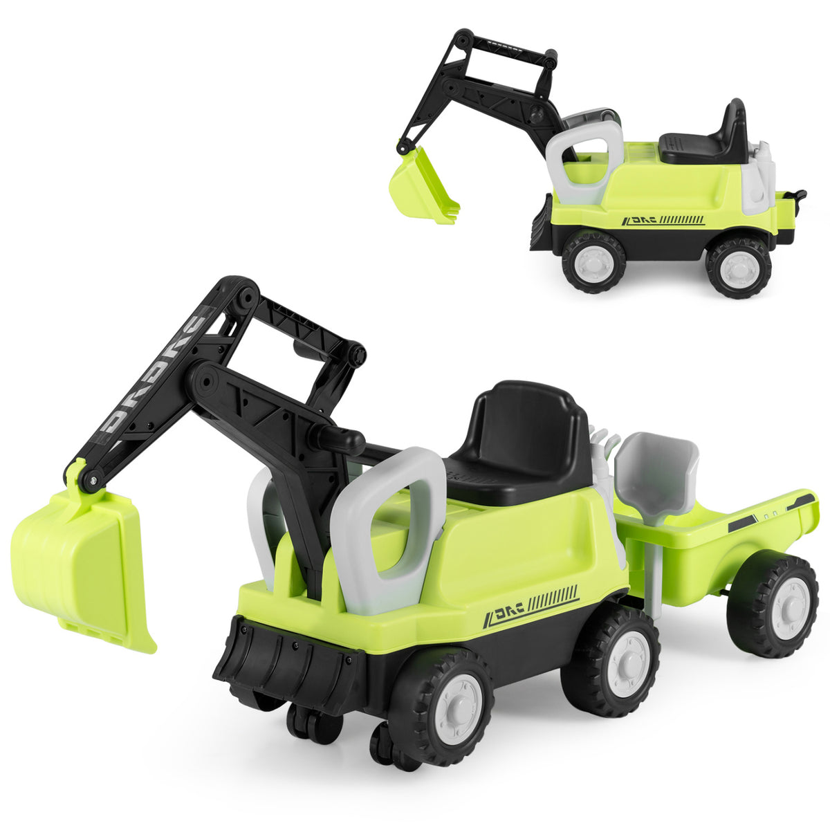Green 2-in-1 kids ride-on tractor with digging arm and detachable trailer, suitable for outdoor play and imaginative fun.