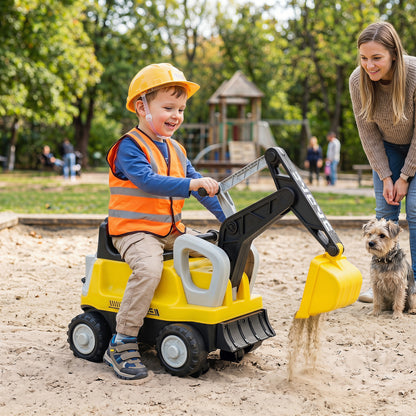 Green 2-in-1 kids ride-on tractor with digging arm and detachable trailer, ideal for outdoor push and pedal play.