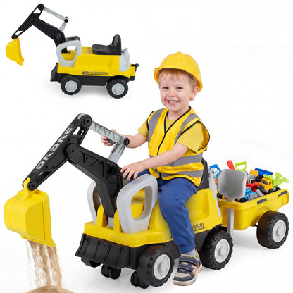 Green 2-in-1 kids ride-on tractor with digging arm and detachable trailer, ideal for outdoor play and imaginative fun.