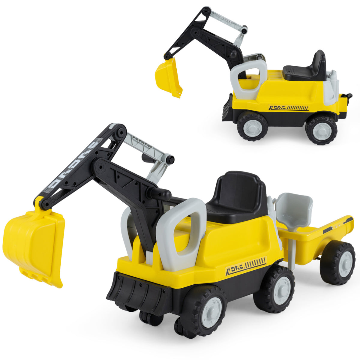 Green 2-in-1 kids ride-on tractor with digging arm and detachable trailer, perfect for outdoor play and active fun.
