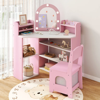 2-In-1 Kids Vanity Set with Lights for Toddlers 3+ Years Old-Pink