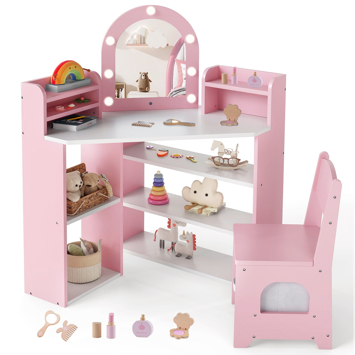 2-In-1 Kids Vanity Set with Lights for Toddlers 3+ Years Old-Pink