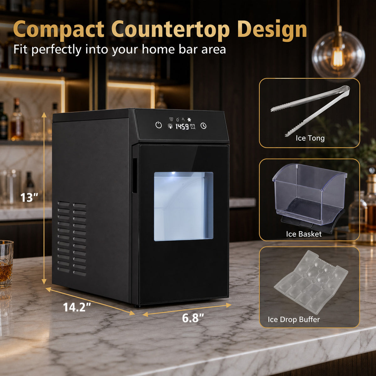 Black 2-inch ice ball maker by Direct Wilsons Home Store, countertop appliance with self-cleaning and 8-hour timer functionality.