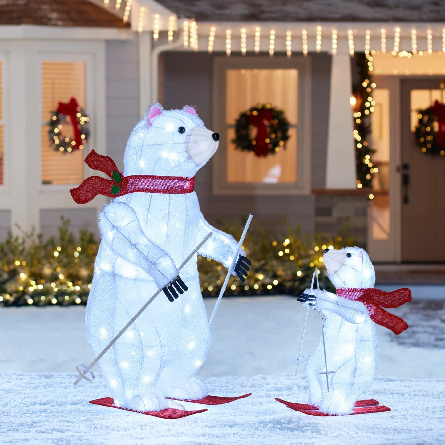 2 PCS Animated Skiing Polar Bears Pre-lit Christmas Bear Decoration with Skiing Motion