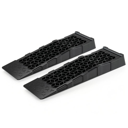 Two black 2.5-inch lift low profile car ramps with 22,000 lbs capacity for vehicle maintenance, designed for outdoor garage use.