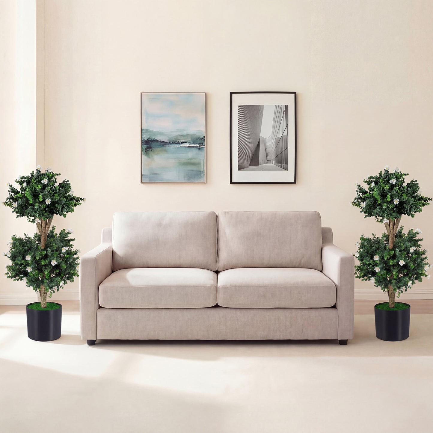 2 Pack 36" Artificial Double Ball Boxwood Topiary Tree with 41 Blossoms-White