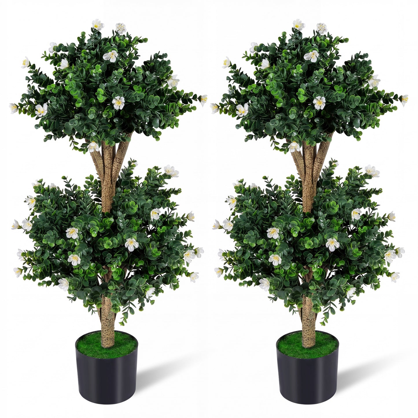 2 Pack 36" Artificial Double Ball Boxwood Topiary Tree with 41 Blossoms-White