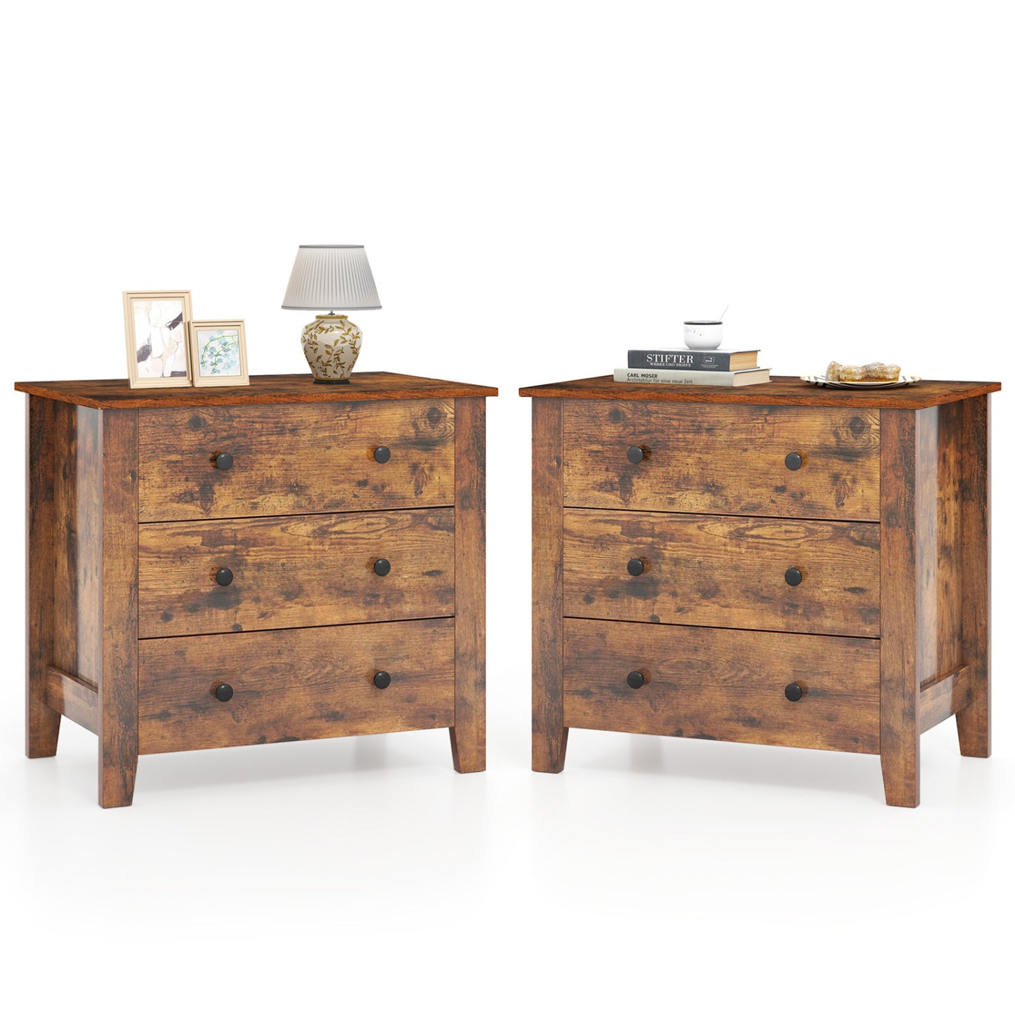 2-Pack 3 Drawer Dresser Chest of Drawers Bedside Table-Brown