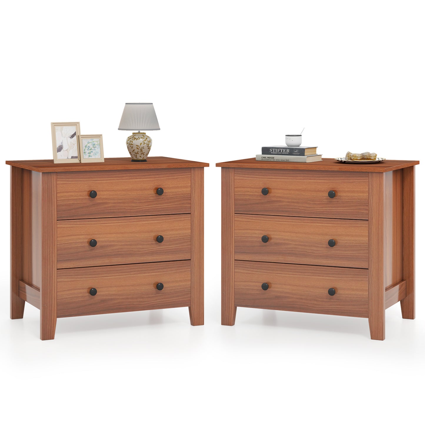 2-Pack 3 Drawer Dresser Chest of Drawers Bedside Table-Brown