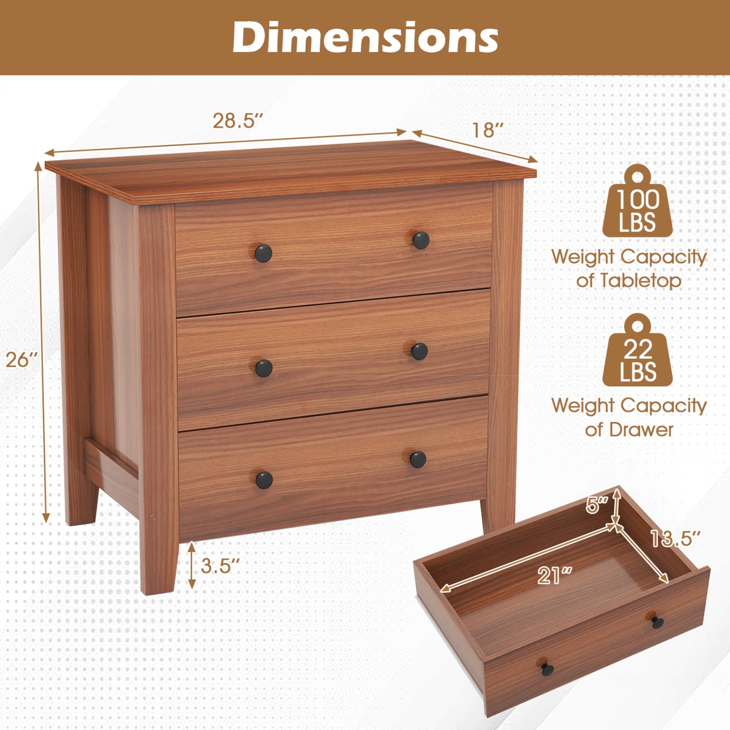 2-Pack 3 Drawer Dresser Chest of Drawers Bedside Table-Brown