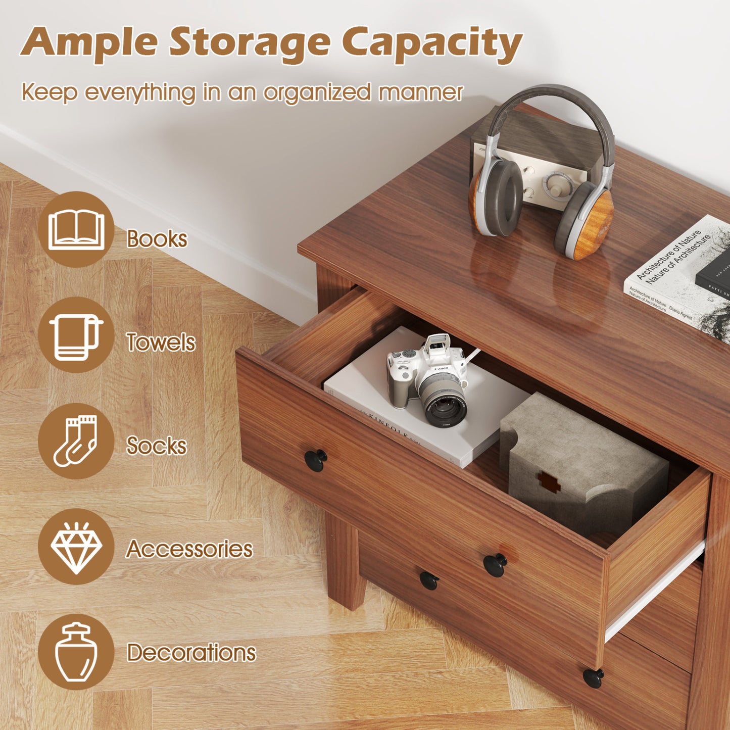 2-Pack 3 Drawer Dresser Chest of Drawers Bedside Table-Brown