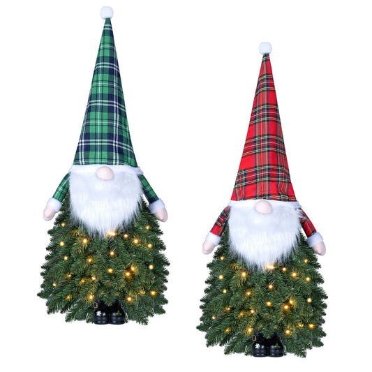 Two 3-foot pre-lit mini Christmas trees in green and red, battery-operated tabletop holiday decor by Wilsons Home Store.