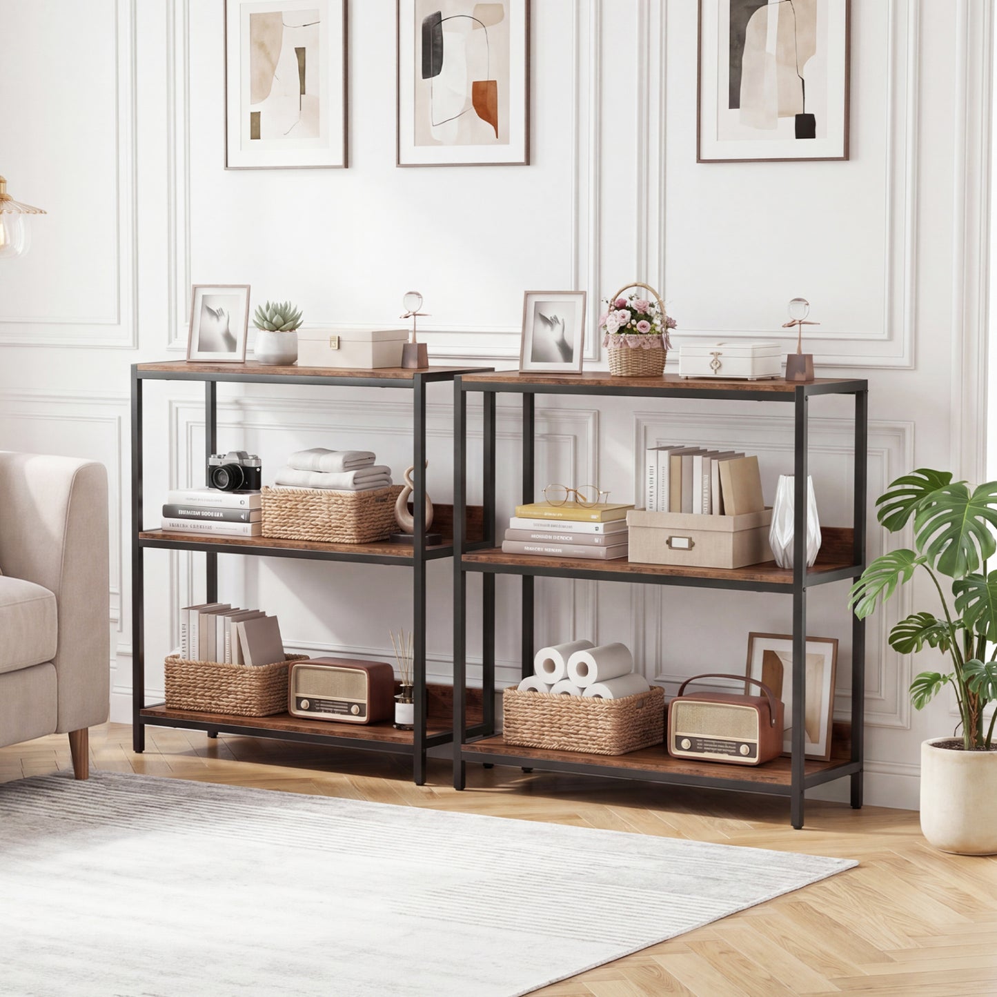 Two industrial-style 3-tier bookshelves with rustic brown wood shelves and black metal frames, perfect for living room storage.