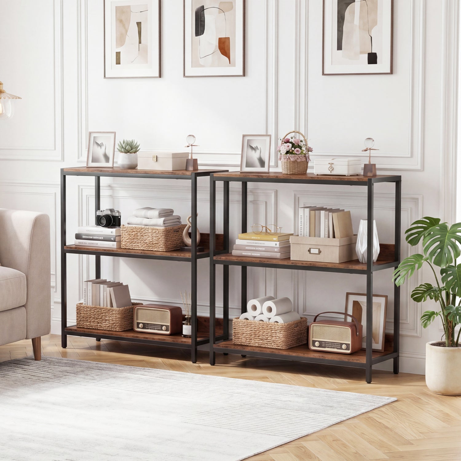 Two industrial-style 3-tier bookshelves with rustic brown wood shelves and black metal frames, perfect for living room storage.