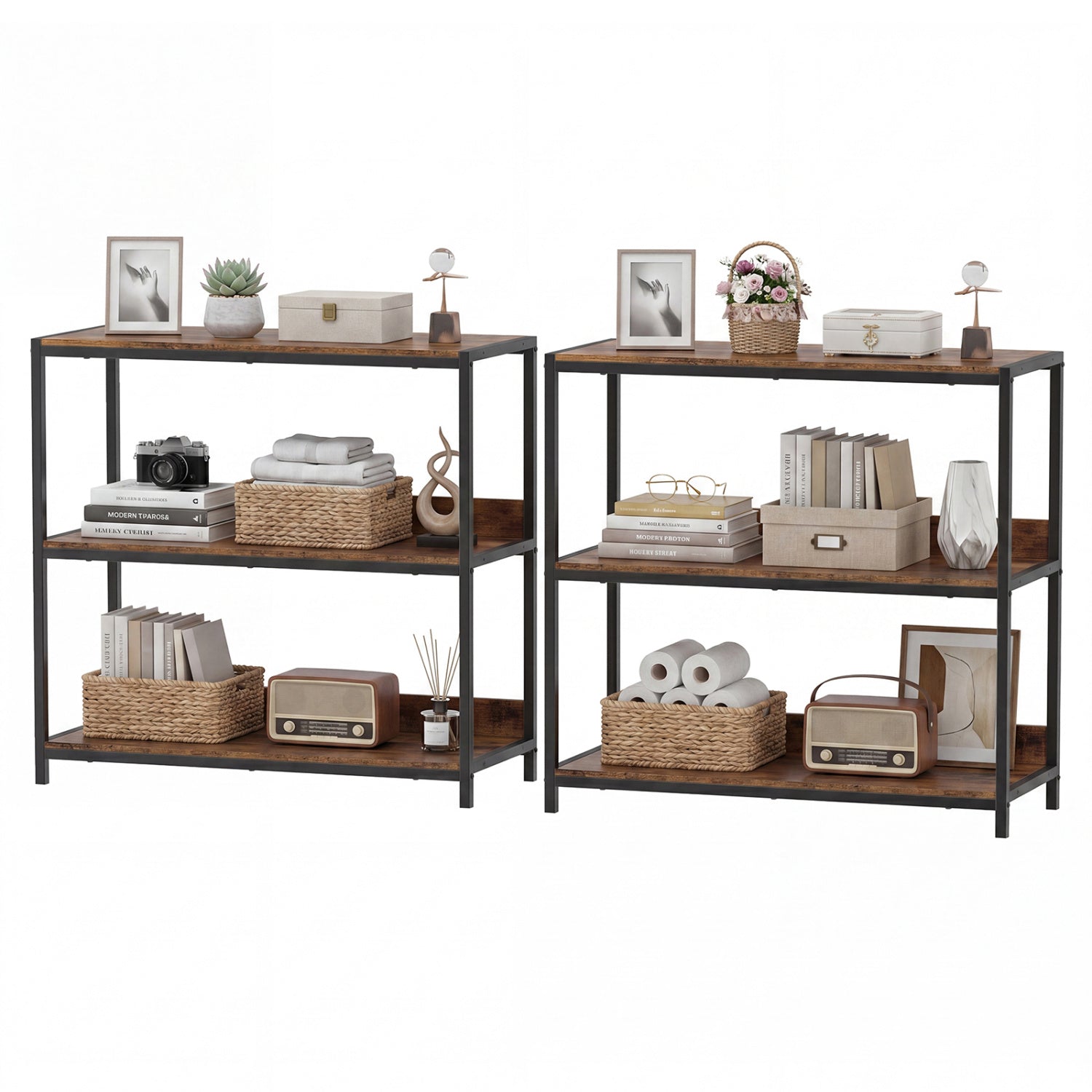 Two-pack of 3-tier industrial-style bookshelves with rustic brown wood shelves and black metal frames, ideal for living room storage.