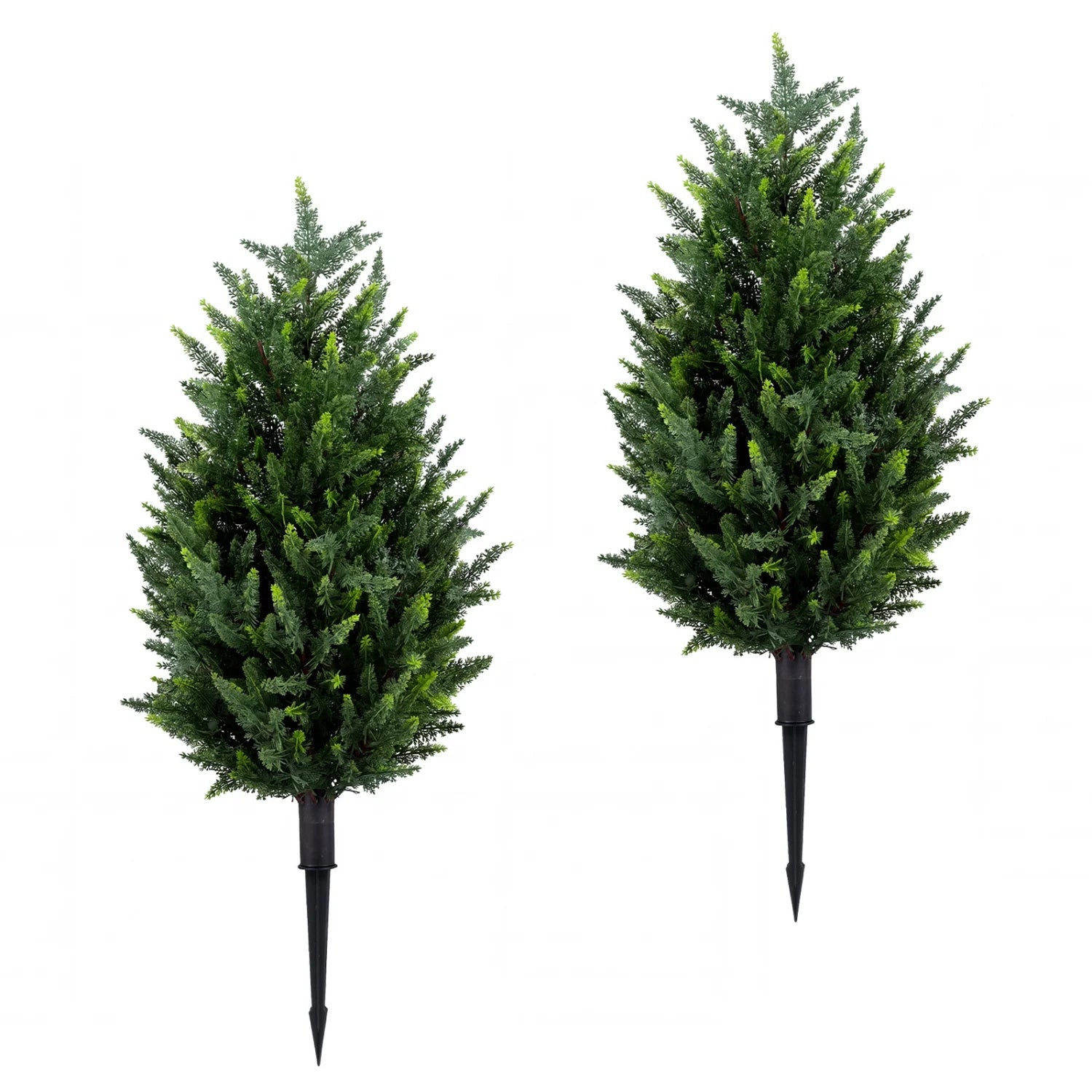 Two 3-foot artificial cypress topiary trees with ground spikes, ideal for indoor or outdoor decorative use.