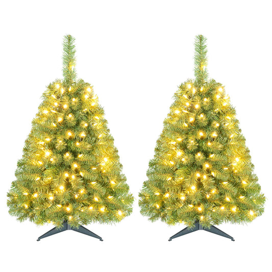 Two 3-foot pre-lit artificial mini Christmas trees with 100 warm white LED lights, ideal holiday decor by Wilsons Home Store.