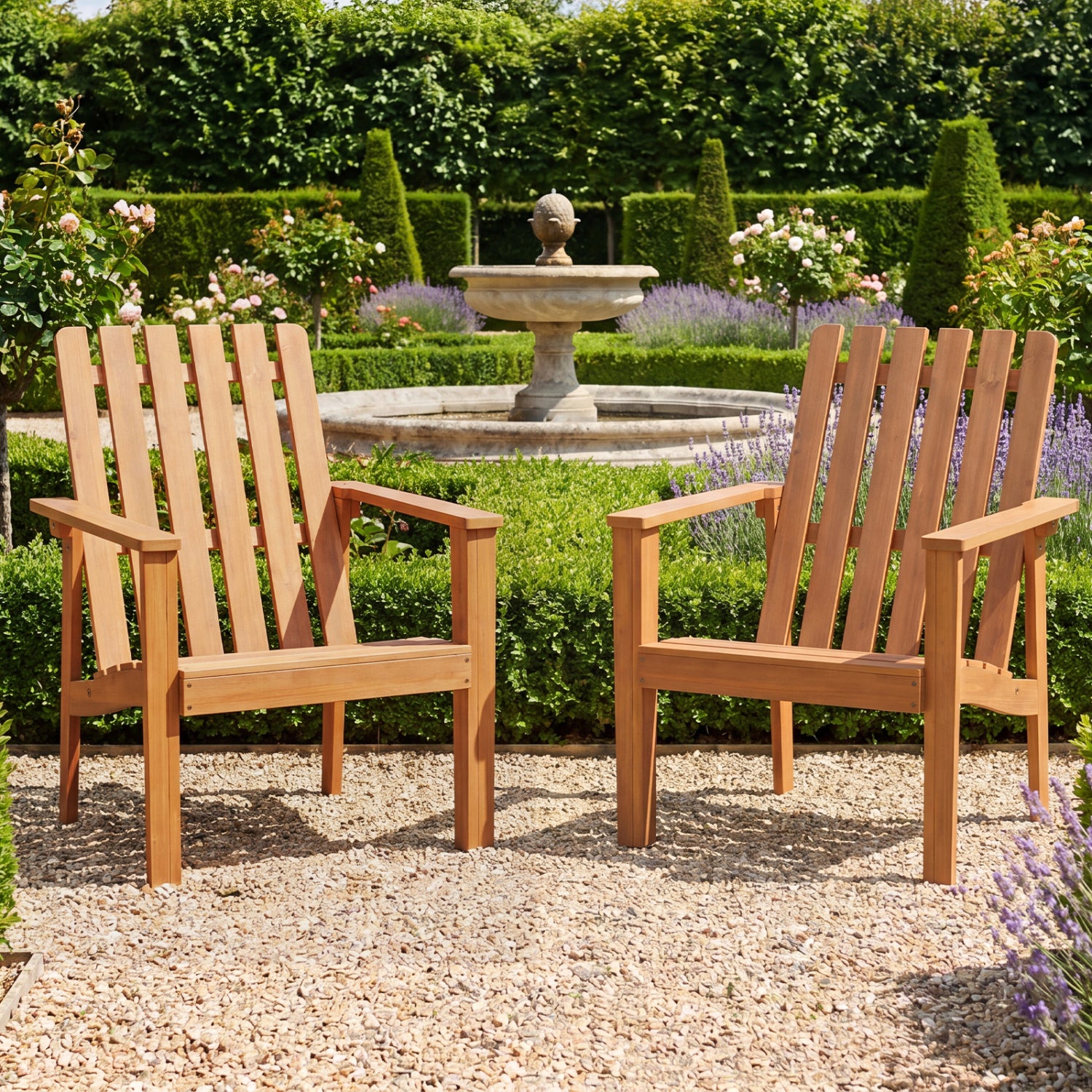 Two acacia wood outdoor patio chairs with slatted backrests, built-in armrests, and a natural finish for outdoor seating.