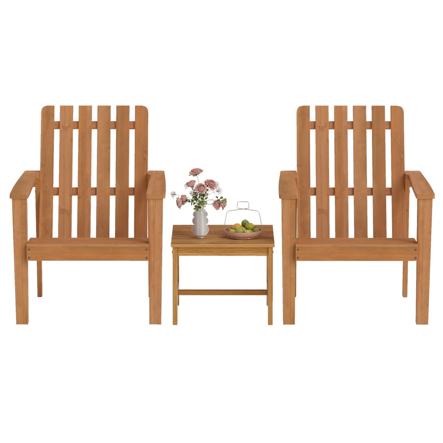Two acacia wood outdoor patio chairs with slatted backrests, built-in armrests, and natural finish for outdoor dining and seating.