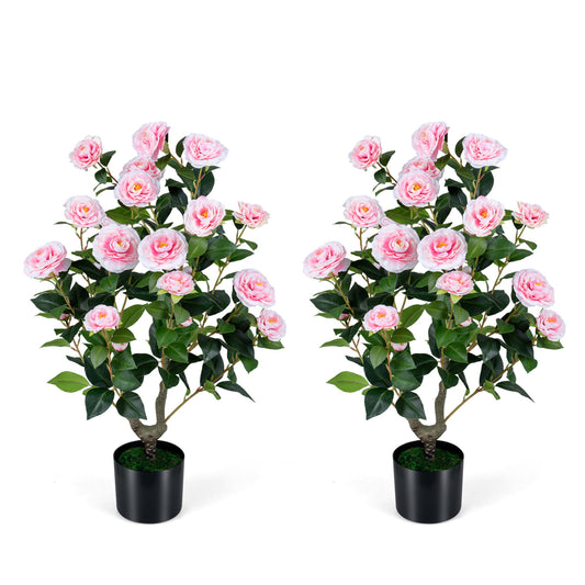 2-Pack Artificial Camellia Tree Faux Flower Plant in Cement-Filled Pot-Pink