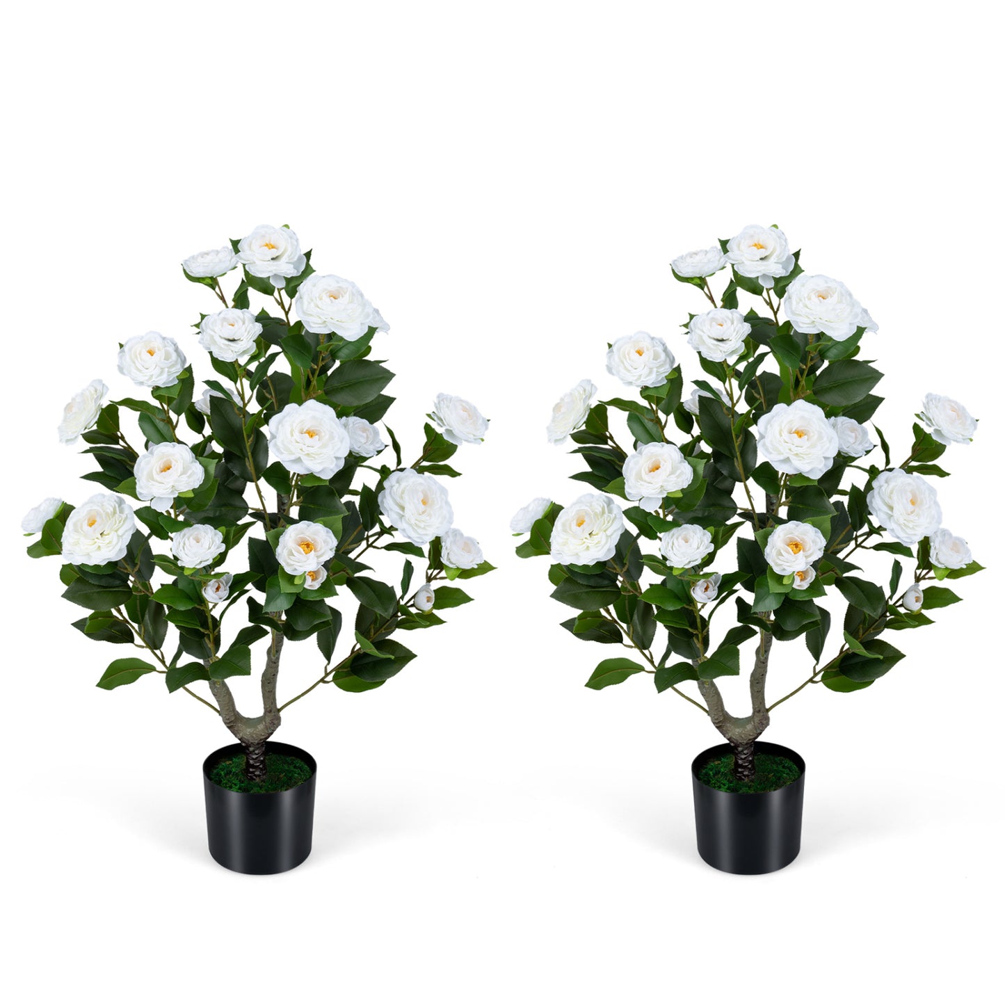 2-Pack Artificial Camellia Tree Faux Flower Plant in Cement-Filled Pot-Pink