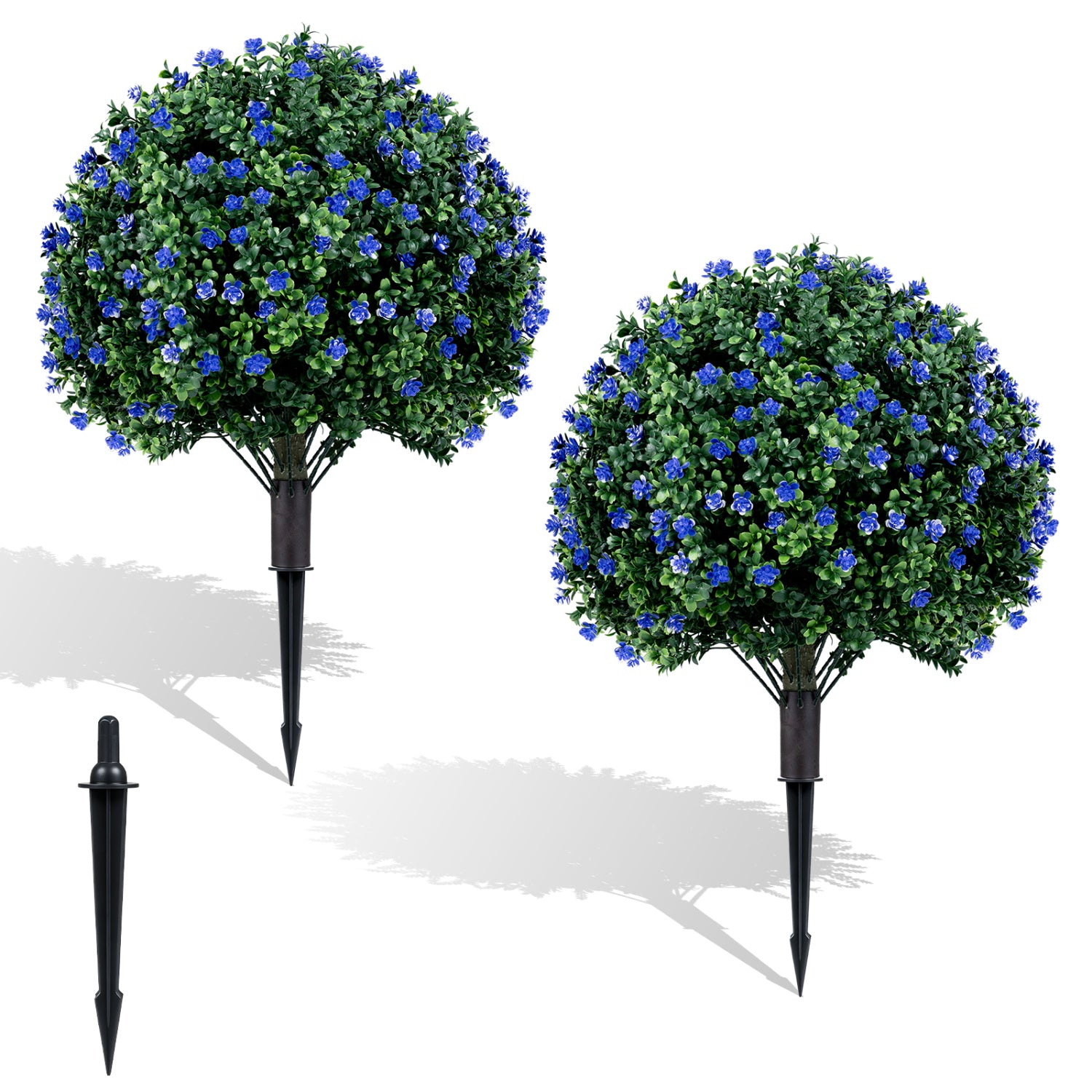 Two 27.5-inch artificial Camellia boxwood topiary ball trees in a 2-pack, faux floral shrubs for decorative home accents.